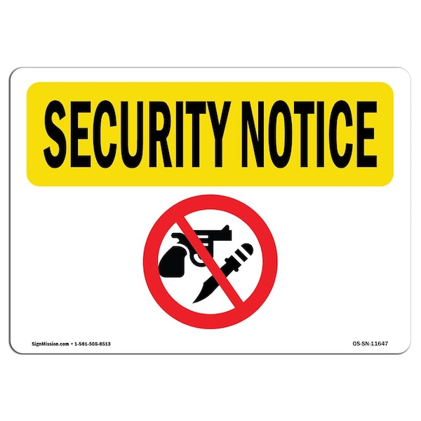Safety Sign, OSHA SECURITY NOTICE, 3.5" Height, 5" Width, No Weapons, Landscape, 10PK